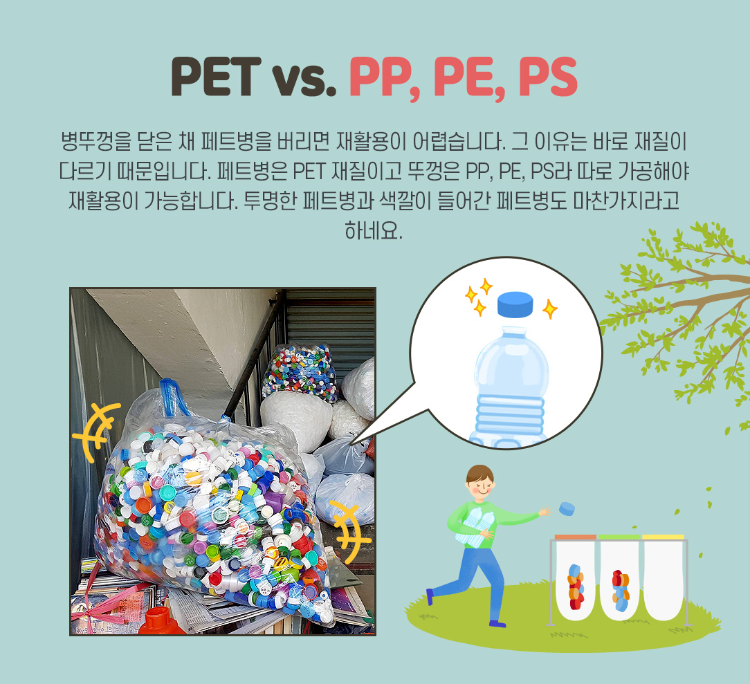 PET vs. PP, PE, PS - 병뚜껑을 닫은 채 페트병을 버리면 재활용이 어렵습니다. 그 이유는 바로 재질이 다르기 때문입니다. 페트병은 PET 재질이고 뚜껑은 PP, PE, PS라 따로 가공해야 재활용이 가능합니다. 투명한 페트병과 색깔이 들어간 페트병도 마찬가지라고 하네요.