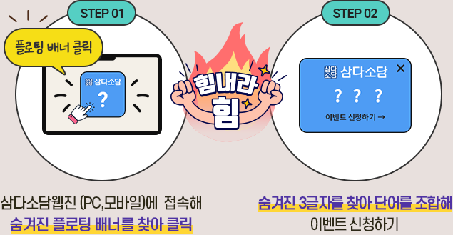 step01.삼다소담웹진 (PC,모바일)에  접속해 숨겨진 플로팅 배너를 찾아 클릭 step02.  숨겨진 4글자를 찾아 단어를 조합해 이벤트 신청하기