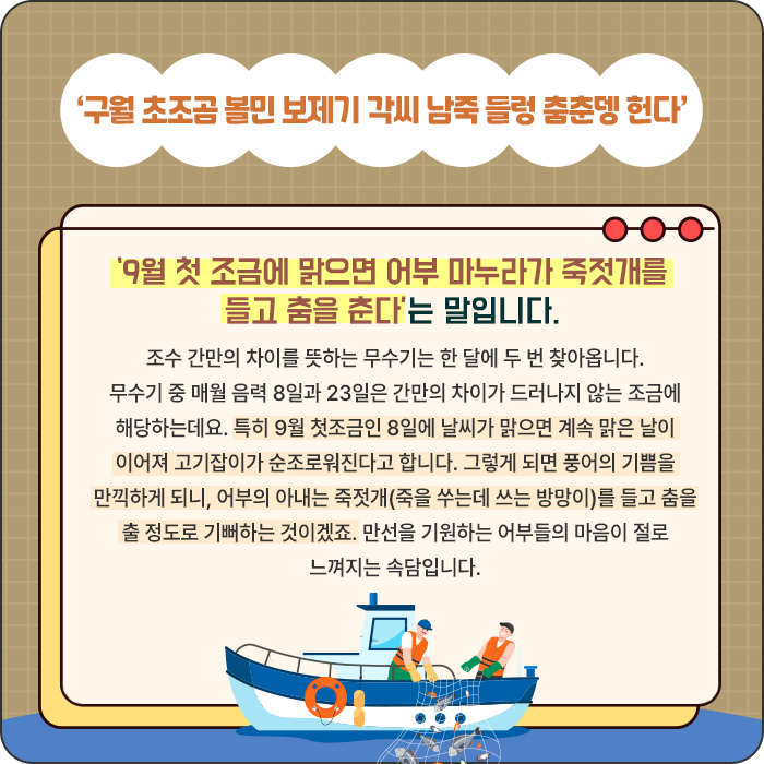 ‘구월 초조곰 볼민 보제기 각씨 남죽 들렁 춤춘뎅 헌다’-‘9월 첫 조금에 맑으면 어부 마누라가 죽젓개를 들고 춤을 춘다’는 말입니다. 조수 간만의 차이를 뜻하는 무수기는 한 달에 두 번 찾아옵니다. 무수기 중 매월 음력 8일과 23일은 간만의 차이가 드러나지 않는 조금에 해당하는데요. 특히 9월 첫조금인 8일에 날씨가 맑으면 계속 맑은 날이 이어져 고기잡이가 순조로워진다고 합니다. 그렇게 되면 풍어의 기쁨을 만끽하게 되니, 어부의 아내는 죽젓개(죽을 쑤는데 쓰는 방망이)를 들고 춤을 출 정도로 기뻐하는 것이겠죠. 만선을 기원하는 어부들의 마음이 절로 느껴지는 속담입니다.